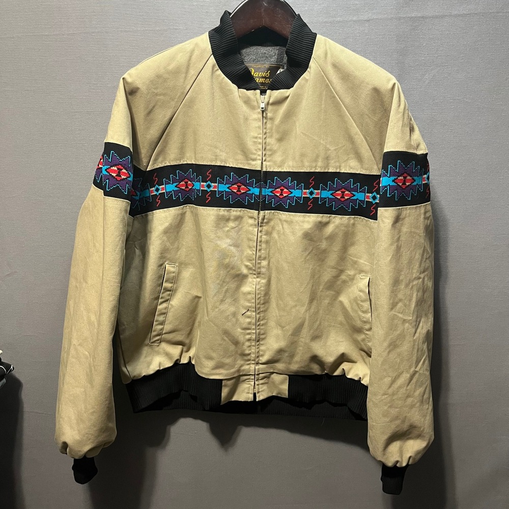 Vintage Davis James Mens XL Tan Southwestern Geometric Bomber Jacket 2905 USA